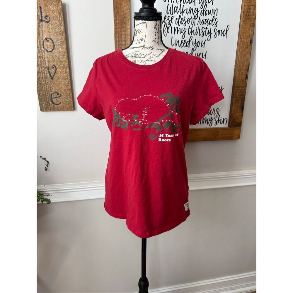 Roots Women's 100% Cotton Crew Neck Short Sleeve Graphic T-Shirt Red Size XL